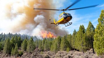 A helicopter is flying over a forest fire photo