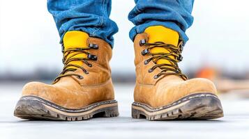 A person wearing a pair of yellow boots photo