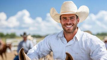A man in a cowboy hat is smiling while riding a horse photo