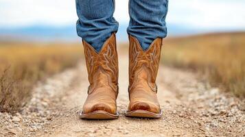 A person wearing cowboy boots standing on a dirt road photo