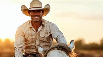 A smiling man in cowboy attire riding a horse photo