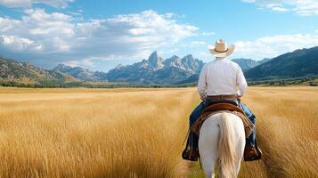 A man riding a horse through a field photo