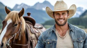 A man in a cowboy hat and jeans standing next to a horse photo