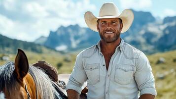 A man in a cowboy hat is smiling while standing next to a horse photo