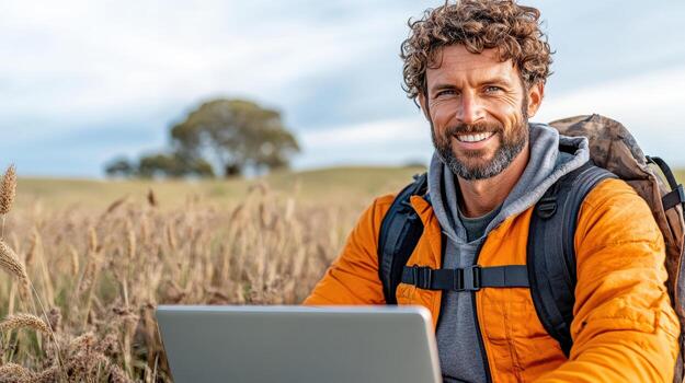 A man with a backpack and orange jacket sitting in a field with a laptop photo