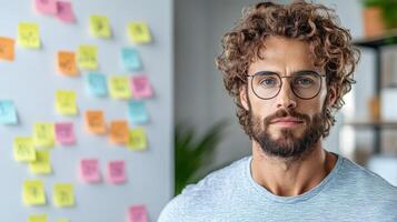 A man with curly hair and glasses is looking at the camera photo