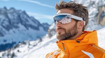 A man wearing an orange jacket and ski goggles photo