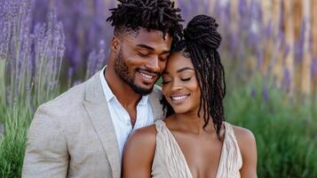 The couple is smiling and embracing in front of lavender flowers photo