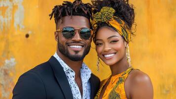 A man and woman in sunglasses standing next to each other photo