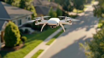 A white drone flying over a residential area photo