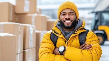 A smiling man in a yellow jacket standing in front of boxes photo
