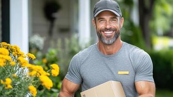 A smiling man holding a box in front of a house photo