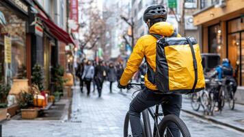 A man in a yellow jacket riding a bike down a street photo