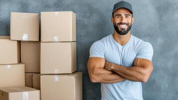 A smiling man standing in front of boxes photo