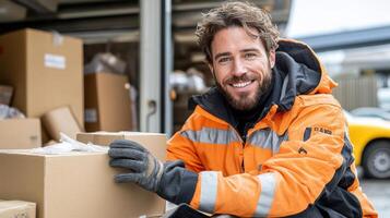 A smiling man in an orange jacket is holding a box photo