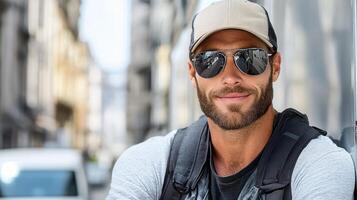 A man with sunglasses and a cap is leaning against a building photo