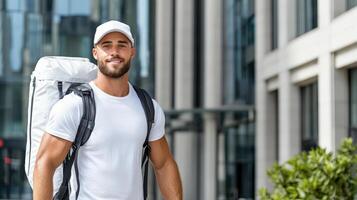 A man with a backpack walking down the street photo