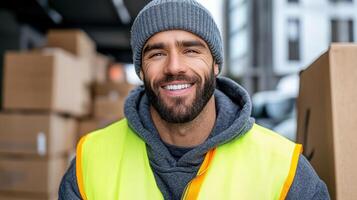 A smiling man in a yellow vest and vest standing in front of boxes photo