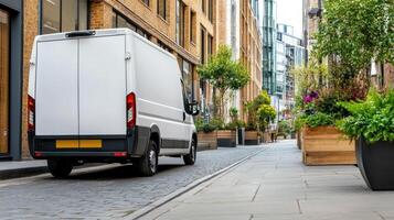 A white van is parked on the side of a city street photo