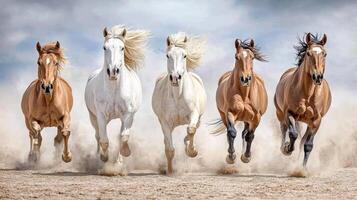 Four horses running in the desert photo