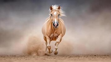 A horse running in the dirt on a dirt field photo
