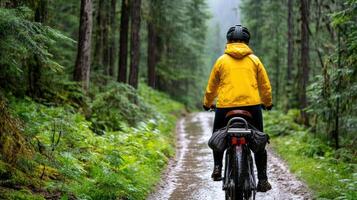 A person riding a bike on a trail in the woods photo