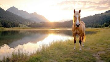 A horse standing in front of a lake photo