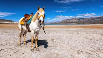 A horse with a saddle standing in the desert photo