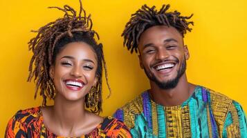 A couple with dreadlocks and african clothing smiling photo