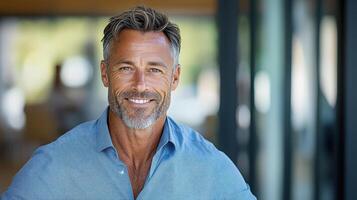 A man with a beard and blue shirt smiling photo