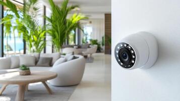 A security camera mounted on the wall of a living room photo