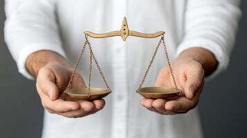 A man holding two scales with a wooden cross on top photo