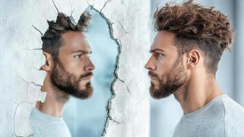 A man with a beard looks into a mirror photo