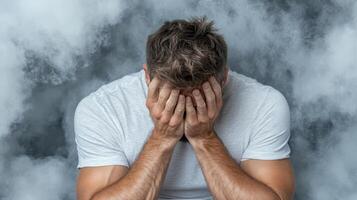 A man is holding his head in his hands while looking at the smoke photo