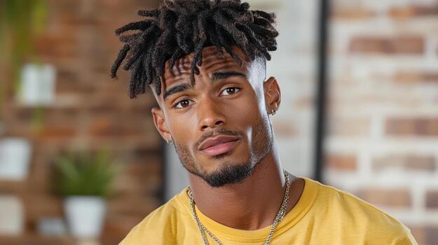 A man with dreadlocks is looking at the camera photo