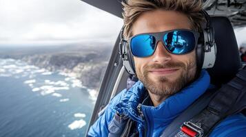 A man wearing sunglasses and a blue jacket is flying in a helicopter photo