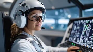 A woman in a pilot's uniform is sitting in a cockpit photo