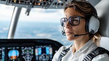 A woman wearing glasses and a headset in the cockpit of an airplane photo
