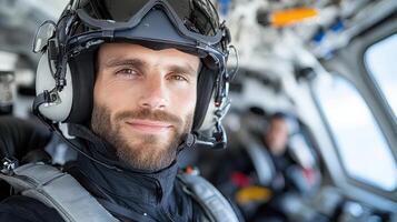 A man in a helicopter wearing a helmet and goggles photo