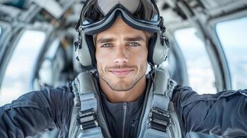 A man in a pilot's helmet is taking a selfie photo