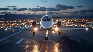 A private jet taking off from an airport at night photo