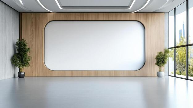 An empty room with a large white screen photo