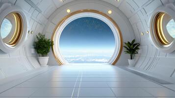 A space ship with a large window and a view of the sky photo