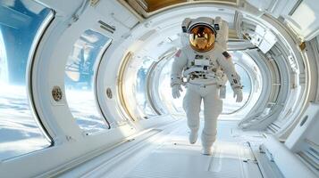 An astronaut walking through a space station photo