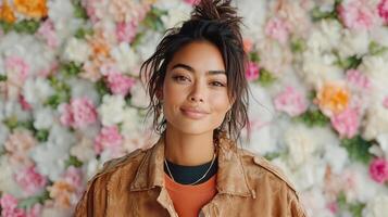 A woman with a messy bun and a brown jacket photo