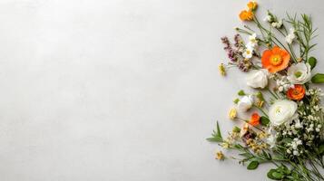 White flowers and orange flowers on a gray background photo