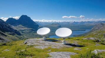 Two satellite dishes on top of a mountain photo