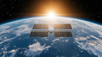 Satellite in orbit over the earth with sun rising in the background photo