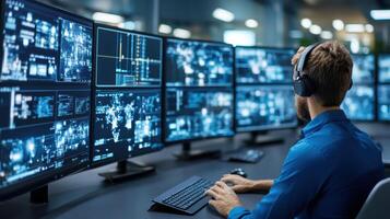 A man in a headset is sitting at a desk with multiple monitors photo