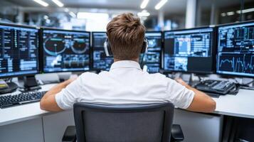 A man sitting at a desk with multiple computer screens photo
